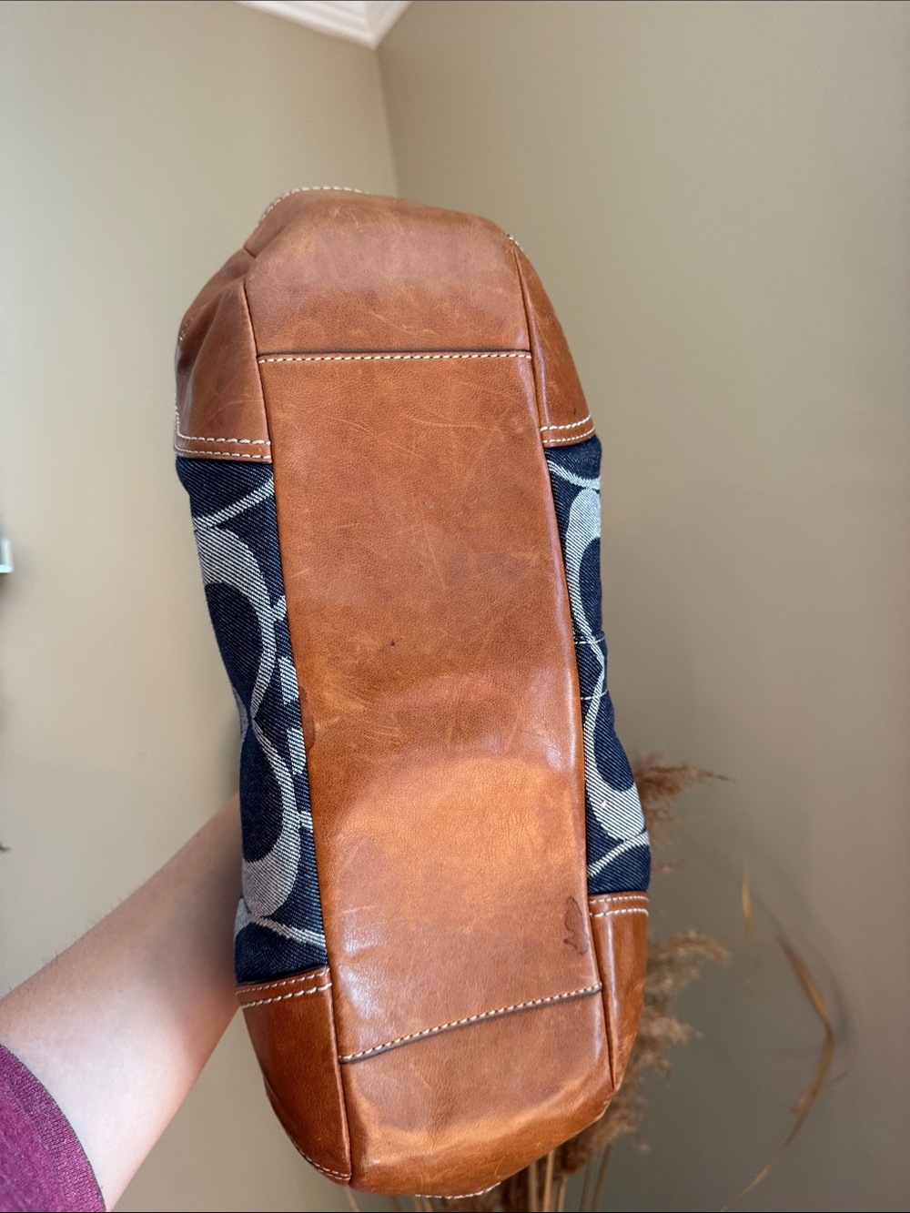 Coach Blue Denim Signature Shoulder Bag with Brown Leather Trim - Picture 3 of 5